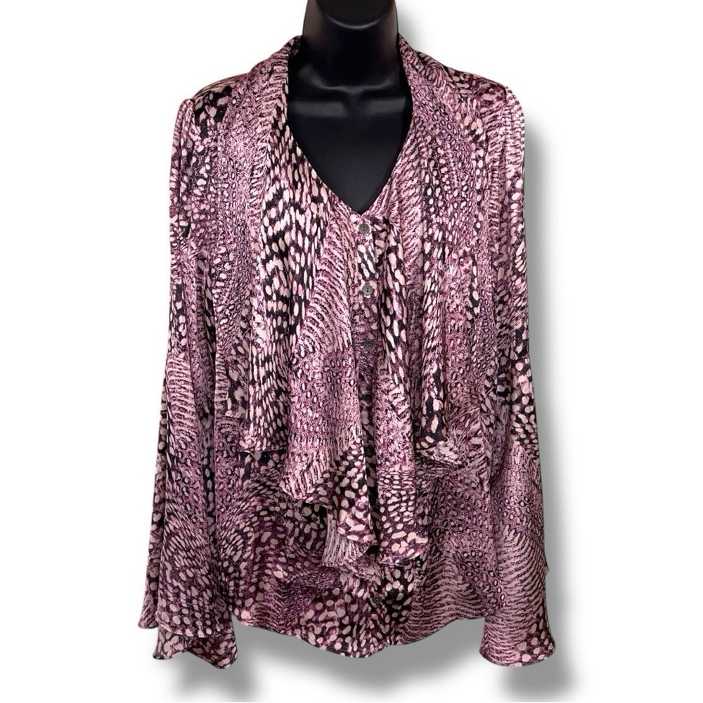 Mark Zunino Purple Animal Snake Print Ruffle Blouse Flowy Long Sleeve